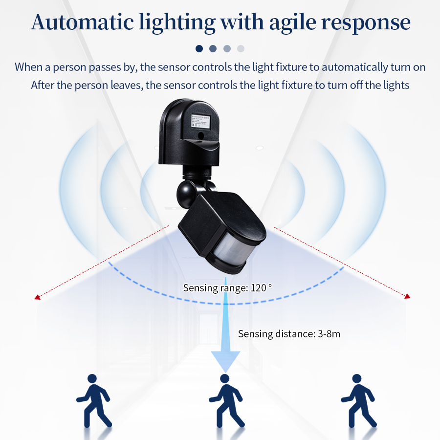 PIR Motion Sensor Light Switch – 180° Wide Angle, 12m Range, IP44 Waterproof, Adjustable Time & Sensitivity, 110-240V AC (Black)