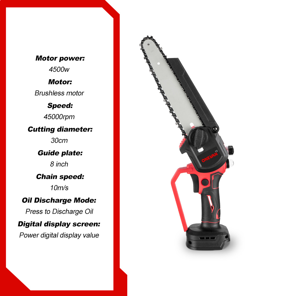 ONEVAN 4500W 8 Inch Brushless Electric Saw Chainsaw With Oil Spray Rechargeable 45000RPM Woodworking Tool For Makita Battery Pin. 