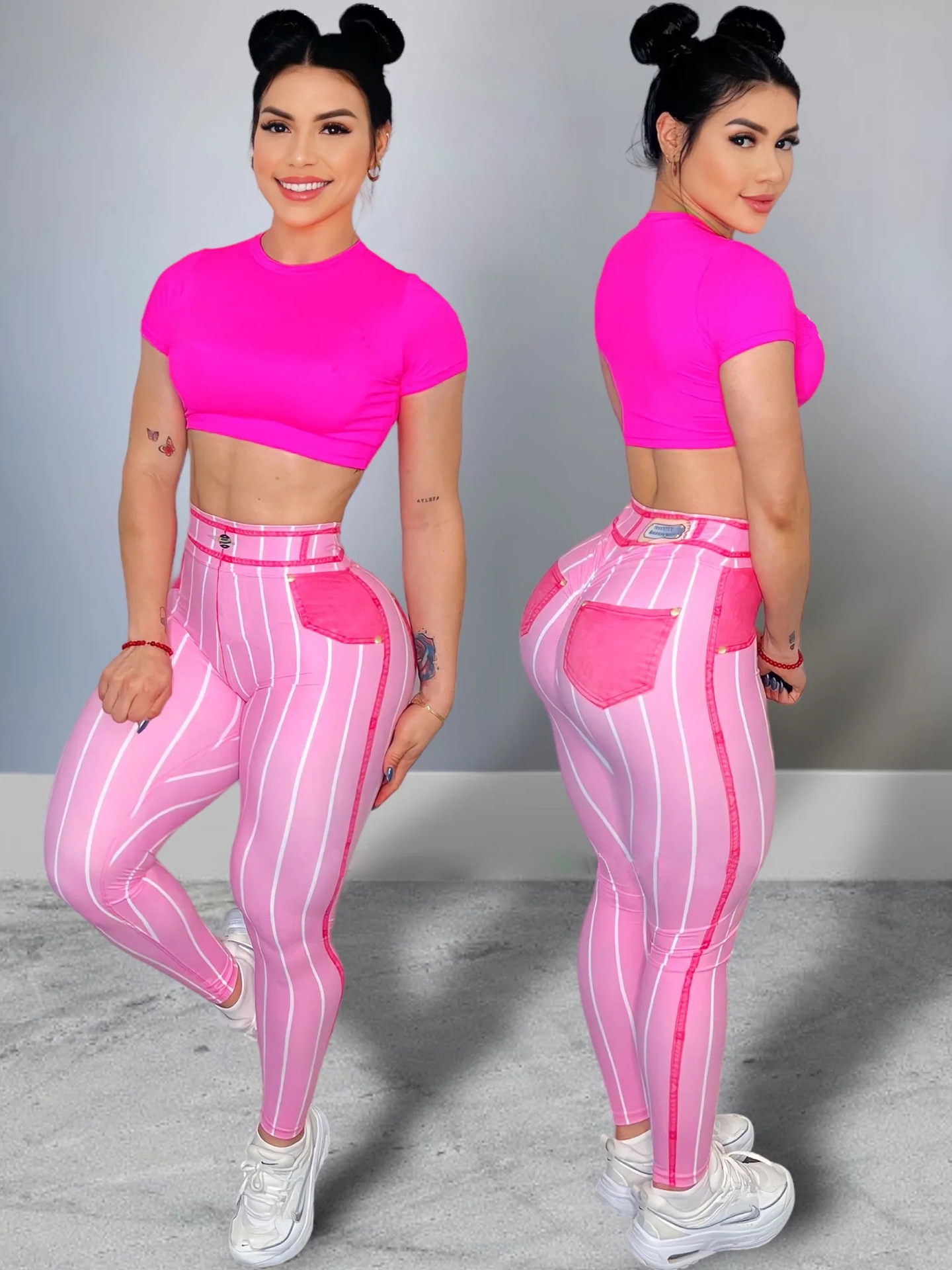 Women High Waist Sports Leggings Stripe Print Stretchable Yoga Pants Sexy Tight Fitness Workout  Gym Push Up Causal Pant. 