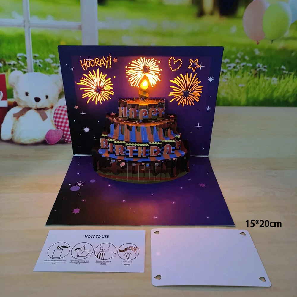 1pcHappy Birthday Card Fireworks 3D Pop Up Cake Light and Music Happy ...
