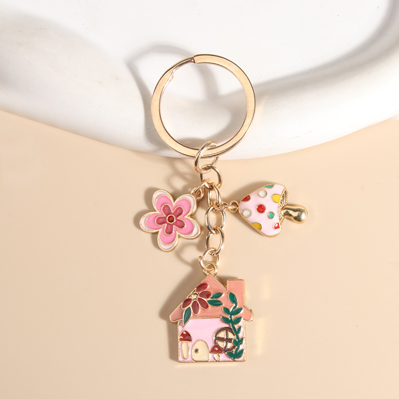 Cute Mushroom House Flower Enamel Keychain Colorful Fairy Tale Key Chains For Women Girls Souvenir Making DIY Jewelry Findings. 