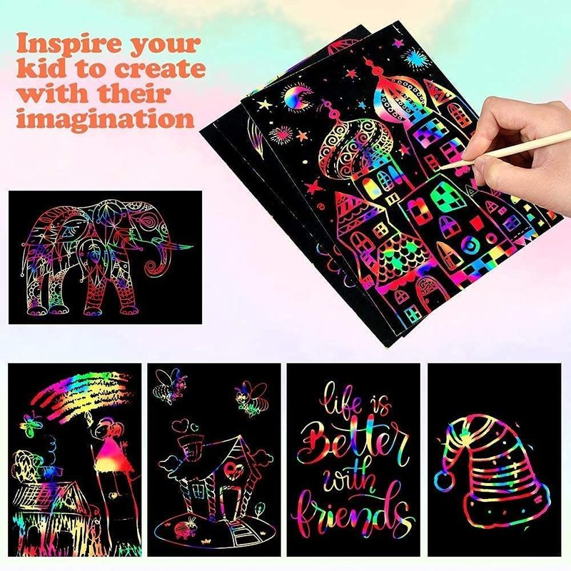 Scratch Paper Art Set Rainbow Card Scratch Black Scratch It Off Paper Crafts Notes with Wooden Stylus Stencils for Kid DIY Gift. 