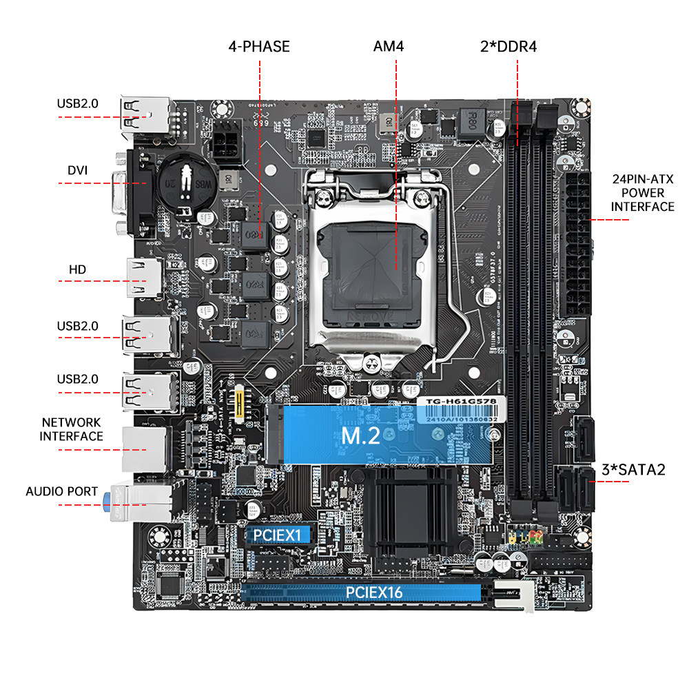 MOUGOL H61M Gaming Motherboard M.2 NVME PCIEx16 DVI Supports Dual-channel DDR3 RAM Intel Core 2/3 Gen CPU LGA1155 for Desktop PC. 