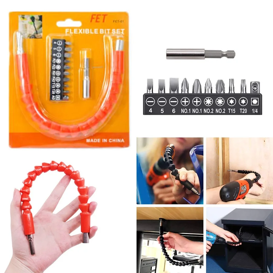 Flexible Extension Soft Shaft with Screw Drill Bit Holder with 10pcs Drill  Bit Sets Magnetic Quick Connect Drive Shaft