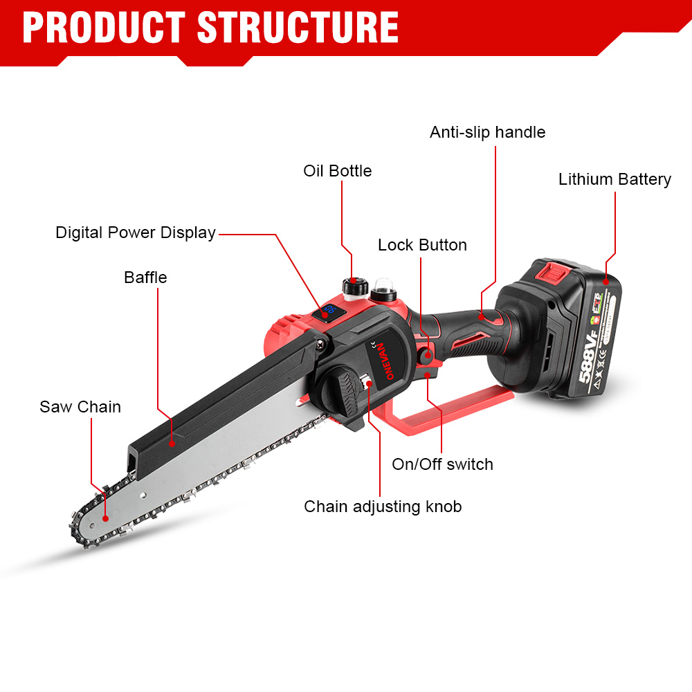 ONEVAN 4500W 8 Inch Brushless Electric Saw Chainsaw With Oil Spray Rechargeable 45000RPM Woodworking Tool For Makita Battery Pin. 