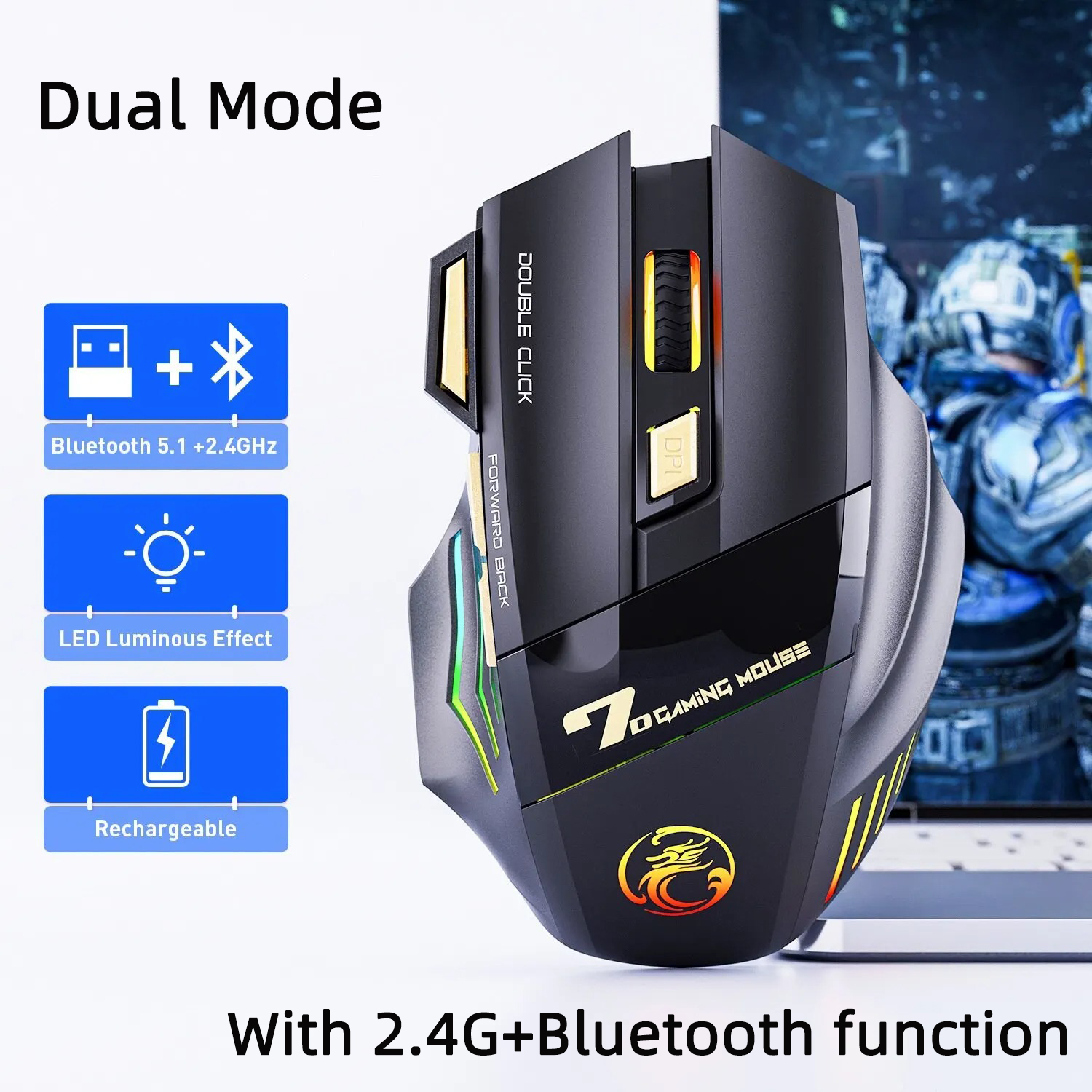 Wireless Gaming Mouse USB IMICE GW-X7 3200DPI Dual Mode Rechargeable 7 ...