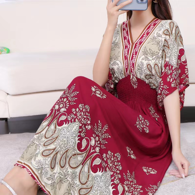 2025 Summer New Casual Elegant Retro Bohemian Style V-neck Elastic Waist Large Swing Printed Long Skirt Autumn Summer Dress. 