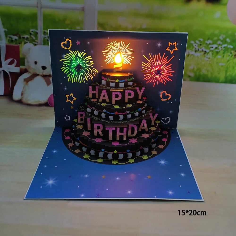 1pcHappy Birthday Card Fireworks 3D Pop Up Cake Light and Music Happy ...