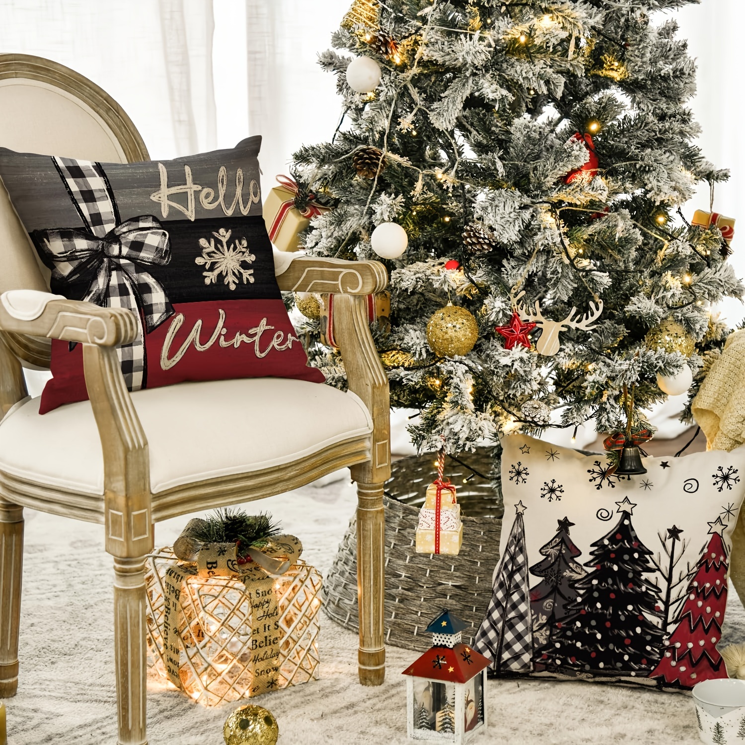 4-Pack Christmas Throw Pillow Covers,  Decorative Cushion Cases - Festive Trees, Merry & Bright, Joy Holiday Designs. 