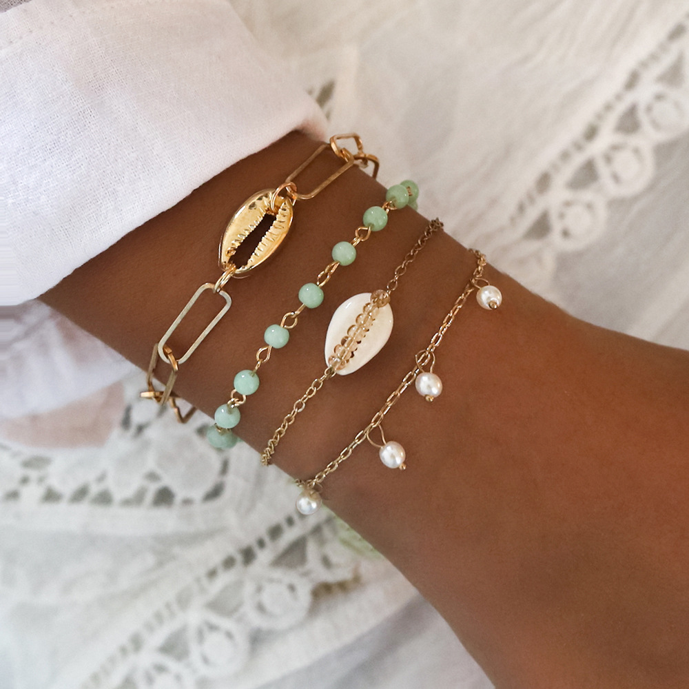 Trendy Geometric Link Chain Bracelet Set For Women Rhinestones Gold Color Leaves Heart Pendant Open Cuff Bangle Girls Jewelry. 