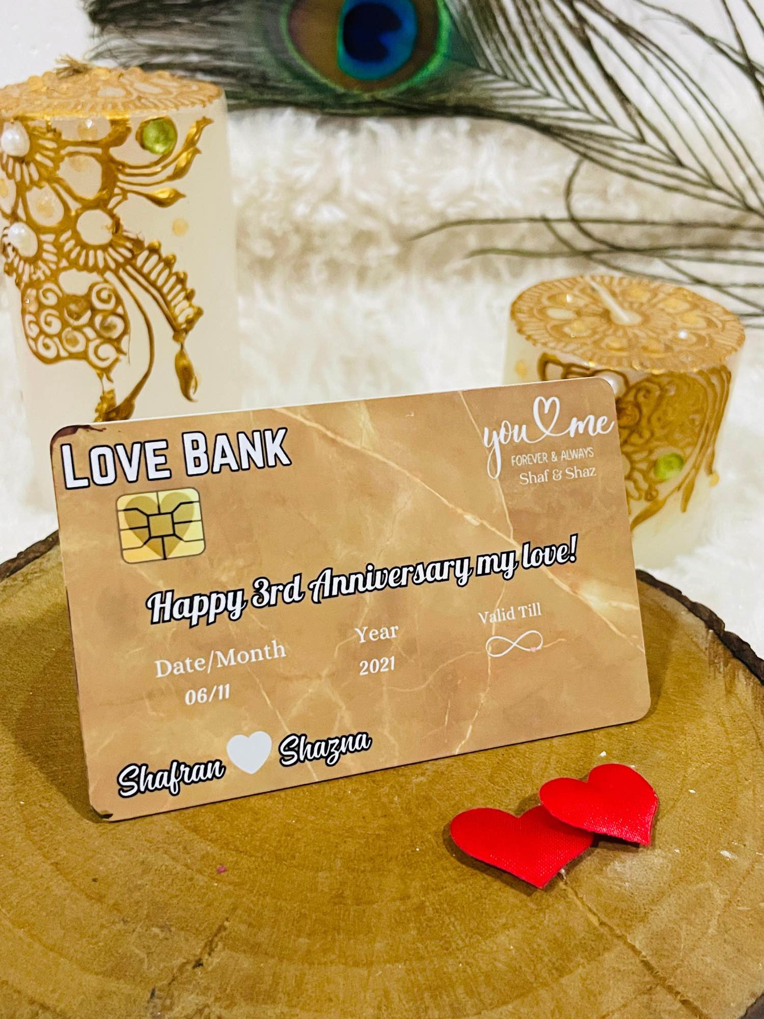 Customize love bank card with photos and text. 