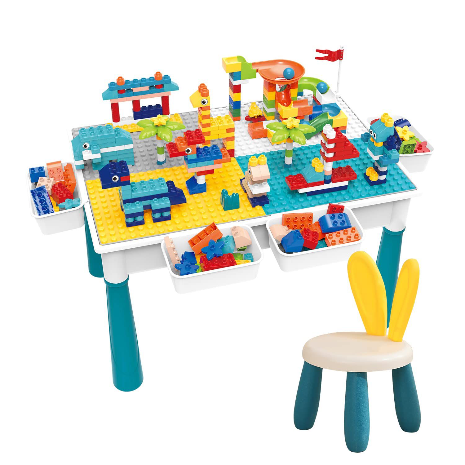 Building Block Table | Kids Activity Table | No MC 816 | Kids Table Chair Set | 4 Storage Box Adjustable Legs | 85+ Pcs Building Block | Compatible Bricks Toy | Dining Play Learning, Water Sand Table | Changeable Building Block Table