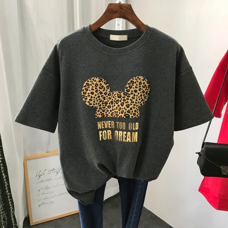 Gold Letter Grapic Leopard T-shirts Women Summer Loose Harajuku Female Black White T Shirt New Casual Women's Clothing Korean. 