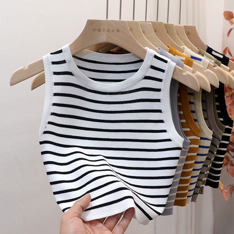 Summer Spring Striped Tank Tops Women Sleeveless Knitted T-Shirts Female Elastic Slim Casual Vests Crop Tops Pullover Camis. 