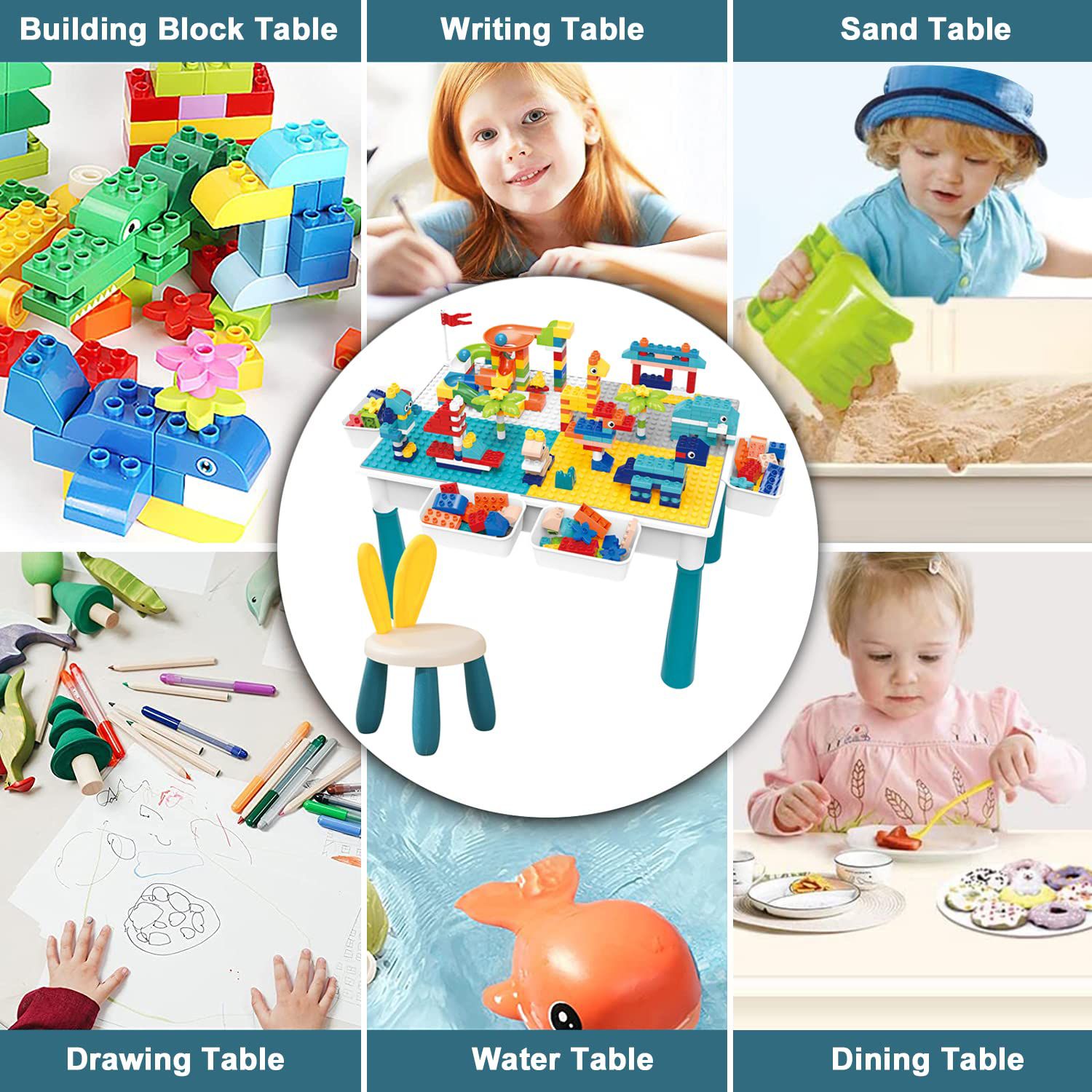 Building Block Table | Kids Activity Table | No MC 816 | Kids Table Chair Set | 4 Storage Box Adjustable Legs | 85+ Pcs Building Block | Compatible Bricks Toy | Dining Play Learning, Water Sand Table | Changeable Building Block Table. 