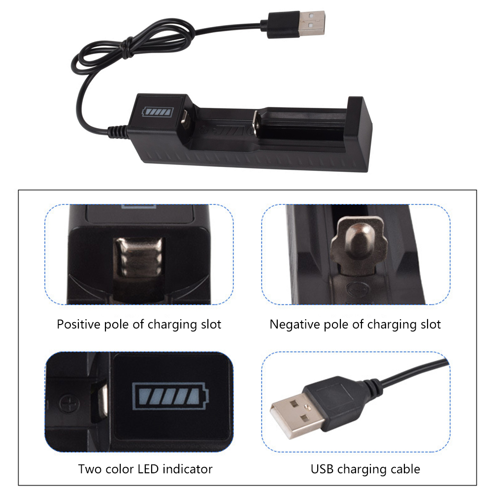 1 Slot Charger Rechargeable Lithium Battery for 16340 14500 18650 26650 3.7V Lithium Battery USB Fast Charge. 