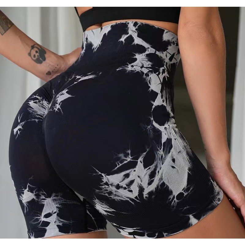 Women Tie Dye Sports Shorts Seamless Slim Leggings Gym Workout Running Seamless Sexy Hip Liftting High Waist Stretch Yoga Shorts. 