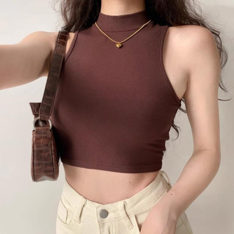 Summer Black Women Fashion Crop Top High Neck White Sleeveless Tank Tops Streetwear Basic. 