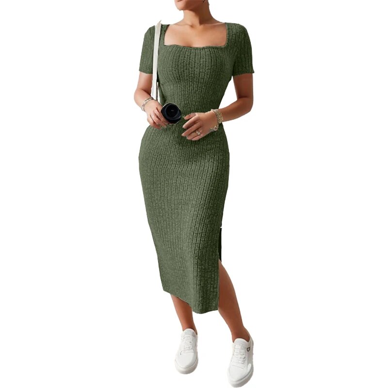 Summer Square Neck, Hip-Hugging Mid-Length Skirt, Short-Sleeved, Versatile Knitted Slit Dress. 