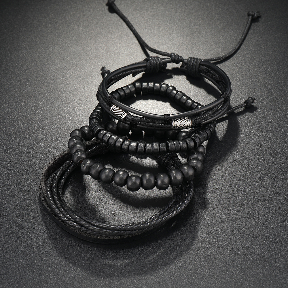 Leather Bracelet Men Hand-woven Beaded Leather Bracelet Multi-layer Set with Adjustable Bracelet Charm Bracelet Men Accessories. 