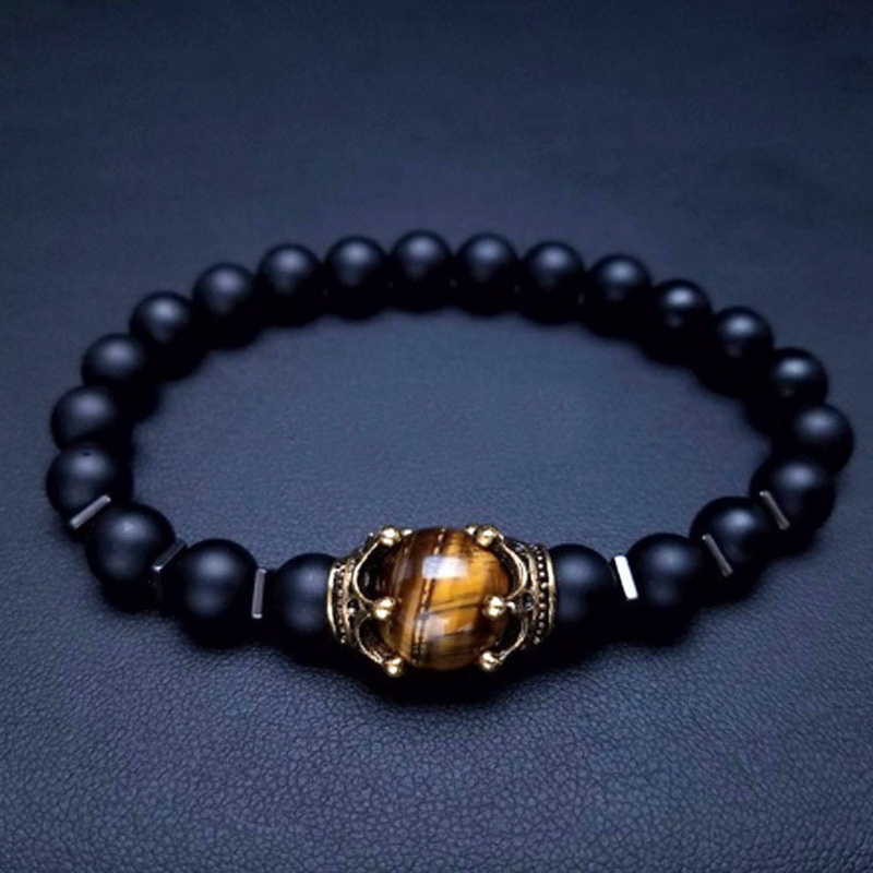Natural Stone Bead Bracelets for Men Fashion Luxury Antique Crown Mate Beads Tiger Eye Stone Handmade Beaded Bracelets Jewelry. 