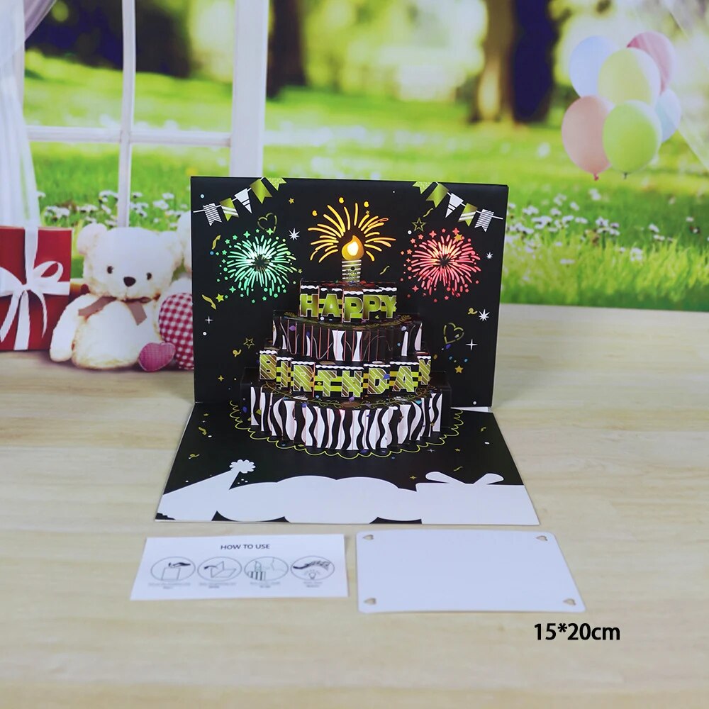 1pcHappy Birthday Card Fireworks 3D Pop Up Cake Light and Music Happy ...
