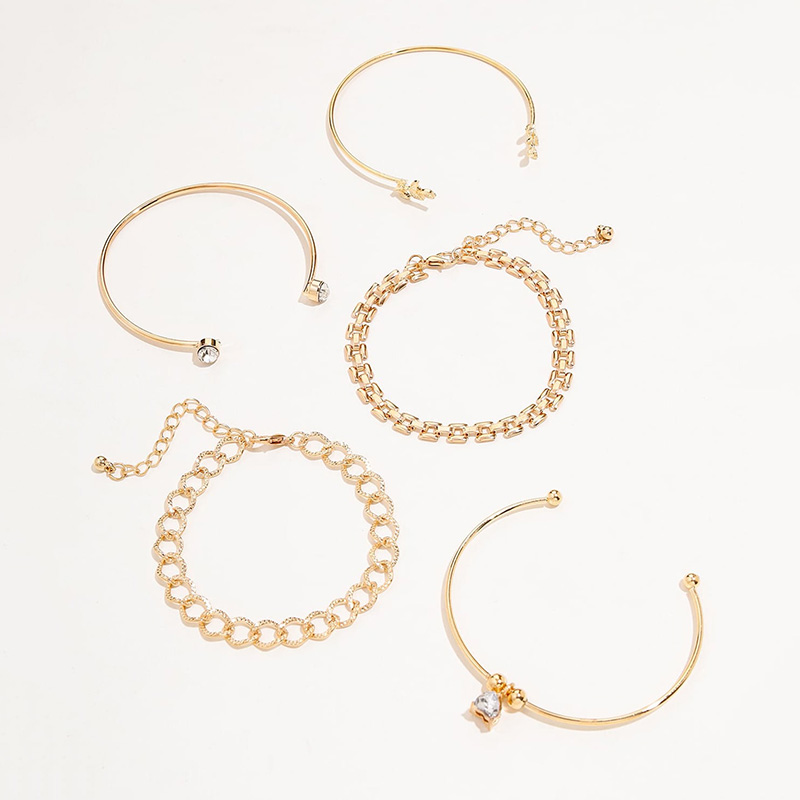 Trendy Geometric Link Chain Bracelet Set For Women Rhinestones Gold Color Leaves Heart Pendant Open Cuff Bangle Girls Jewelry. 