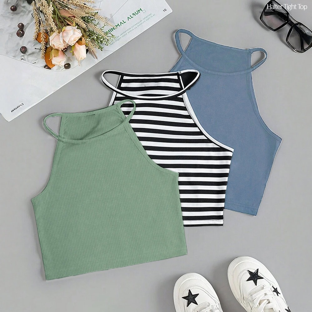 Halter Tight Top Trending Korean Tight Top Green And Blue Colour Casual Tees Unique Styling Crop Top Small Size Top