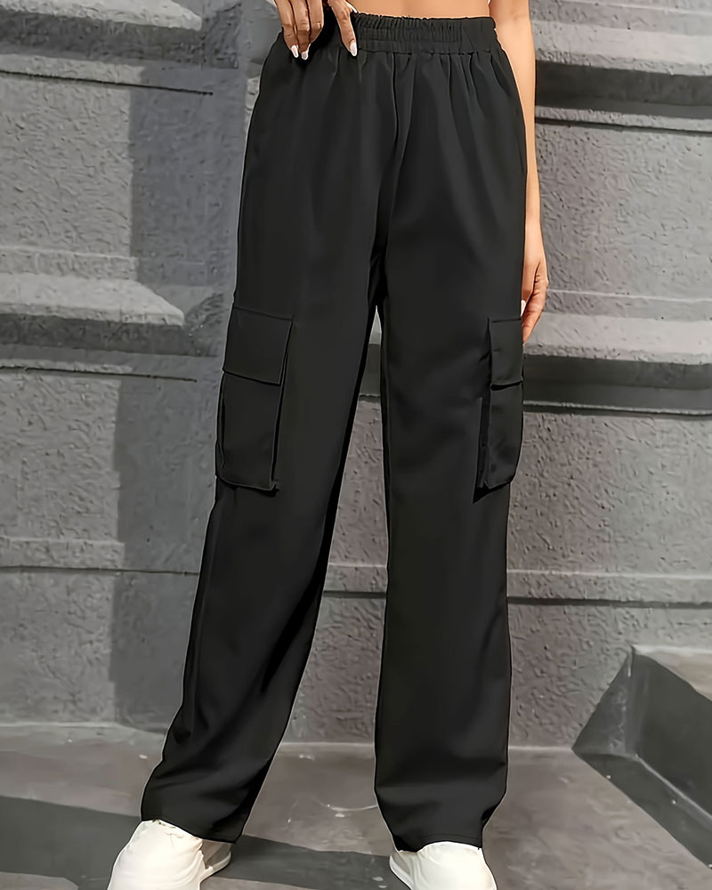 Elastic Waist Fashionable Workwear Pants High Waist Wide Leg Pants Loose Solid Color Casual Sports Pants WOMEN'S Sportswear. 