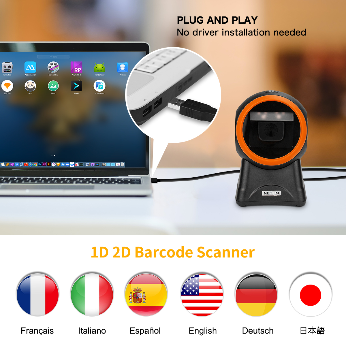 NETUM NT-2055 Desktop 2D Barcode Scanner, Omnidirectional Hands-Free Wired USB Big Barcode Reader 1D QR Screen Barcodes Scanning. 