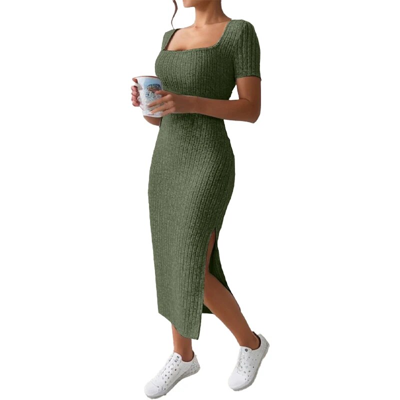 Summer Square Neck, Hip-Hugging Mid-Length Skirt, Short-Sleeved, Versatile Knitted Slit Dress. 
