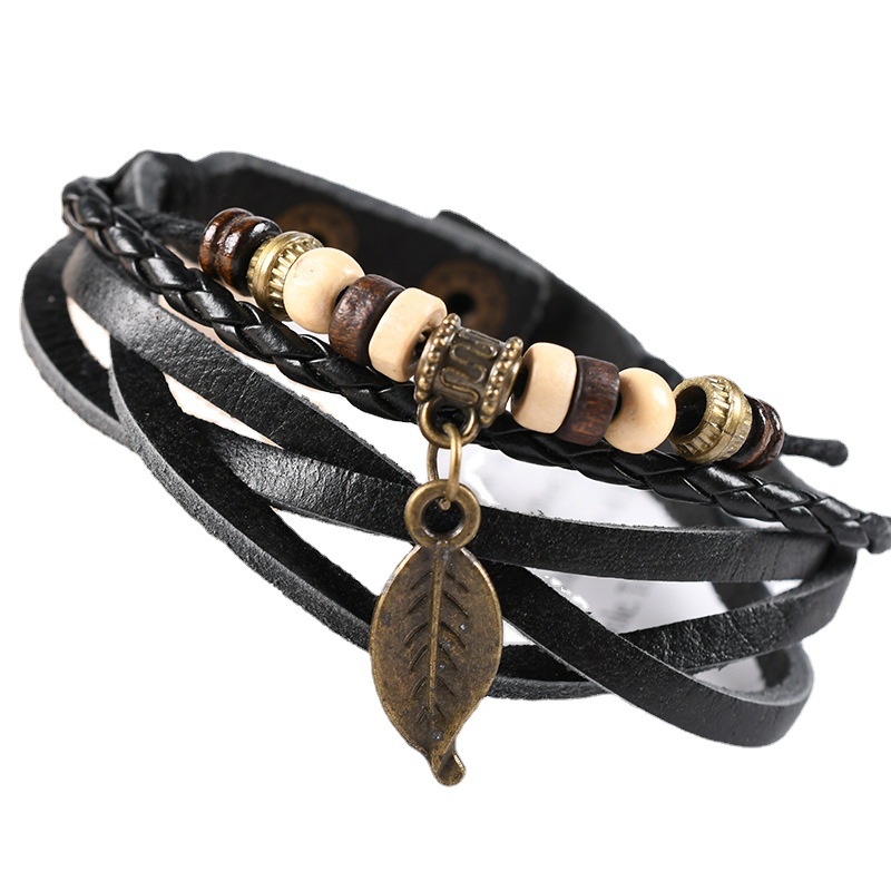 4Pcs/ Set Braided Wrap Leather Bracelets for Men Vintage Life Tree Rudder Charm Wood Beads Ethnic Tribal Wristband Rope Bracelet. 