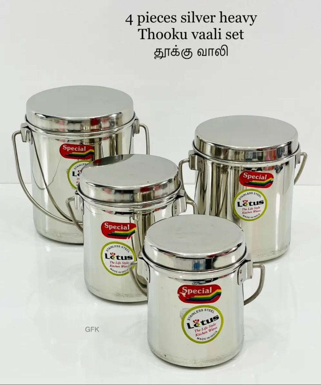 Stainless Steel Bucket/Thooku Vaali / Food & Curry Storage 4 Pcs Set Multipurpose Container. 
