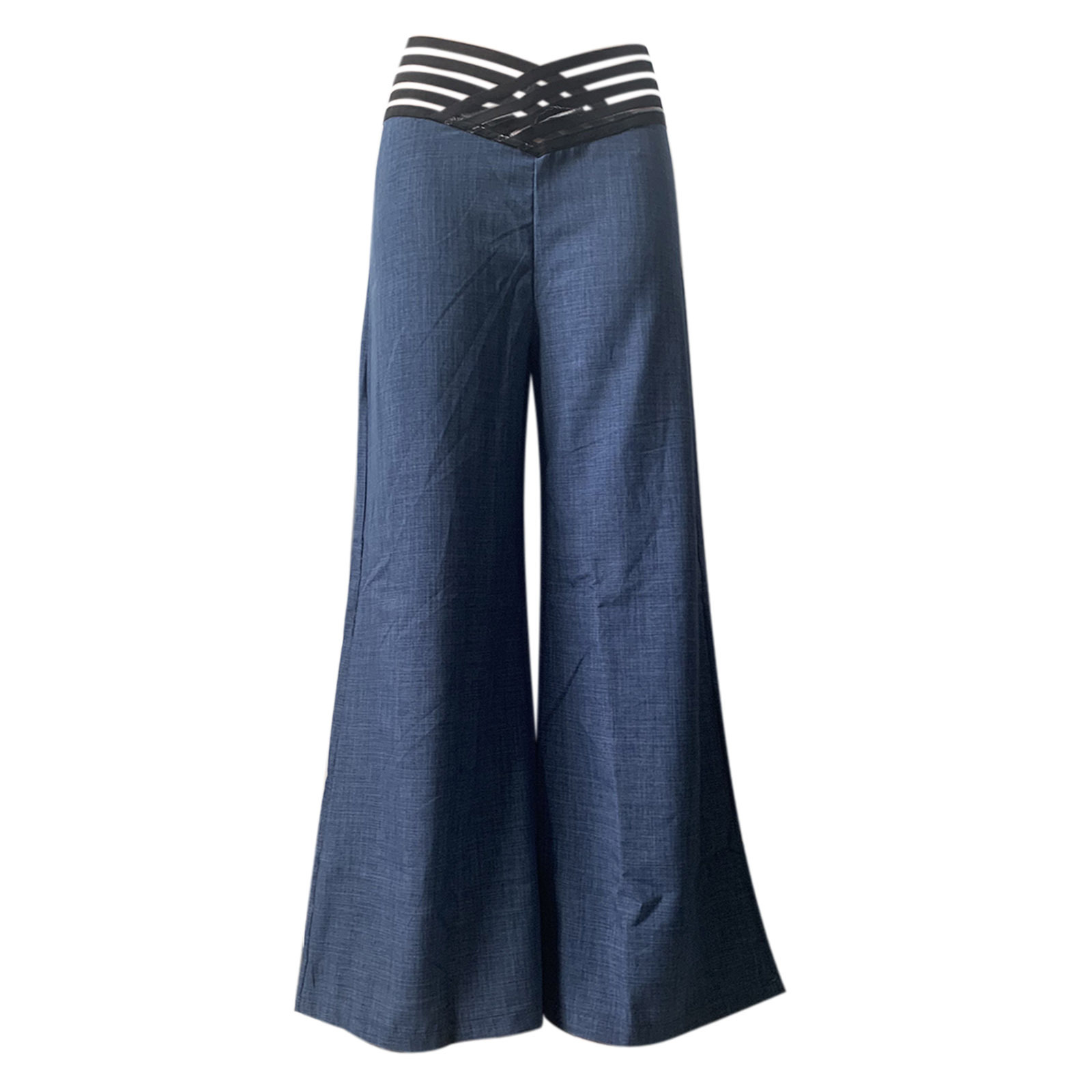 Women Flared Pants Elegant Office Lady Casual High Waist Trousers Spring Summer Solid Crisscross Sheer Mesh Patch Wide Leg Pant. 