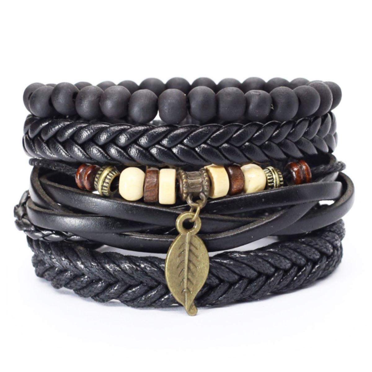 4Pcs/ Set Braided Wrap Leather Bracelets for Men Vintage Life Tree Rudder Charm Wood Beads Ethnic Tribal Wristband Rope Bracelet. 