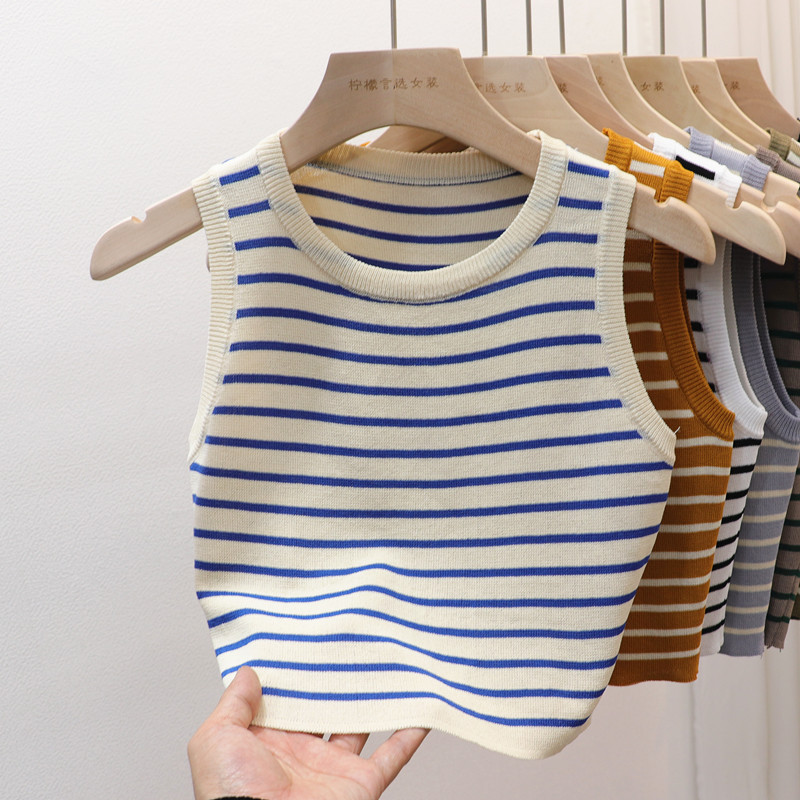 Summer Spring Striped Tank Tops Women Sleeveless Knitted T-Shirts Female Elastic Slim Casual Vests Crop Tops Pullover Camis. 