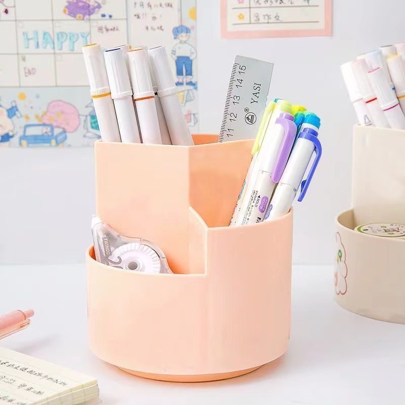 1pc Rotating Pen Holder, Office Student Desktop Pen Storage Box, Office Storage Three-hole Makeup Brush Box. 