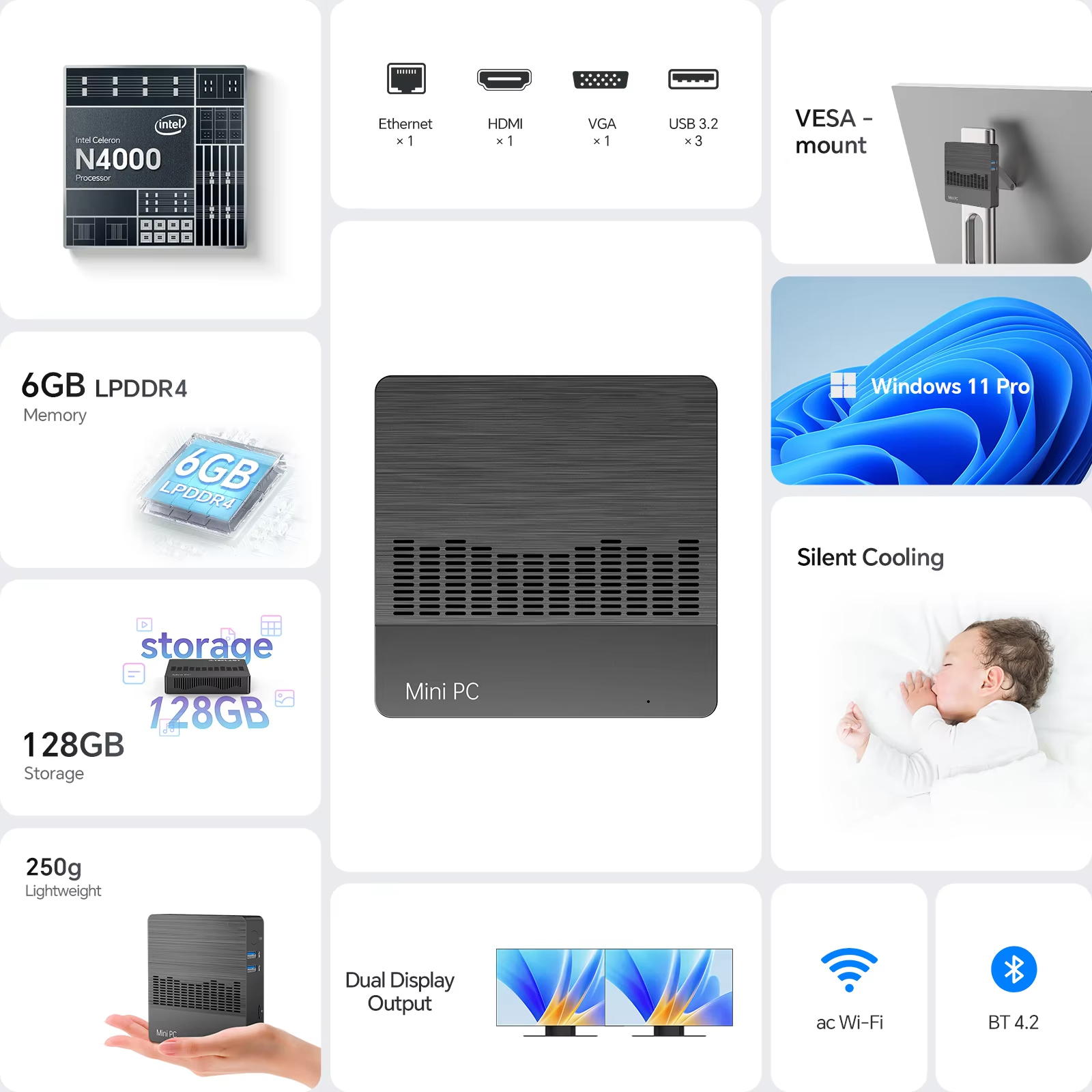 SOYO M2 Air  Mini PC: Powerful 6GB RAM, 128GB EMMC, Intel N4000, Windows 11 Pro - Compact & Ideal for Home, Business & Gaming. 