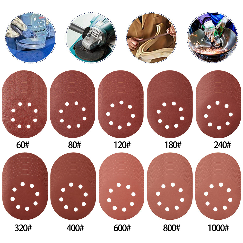100Pcs 125mm 8 Hole Sanding Discs Hook Loop Adhesive Sandpaper 60Grit-1000Grit Sanding Paper 5Inch Sanding Disc Polishing Tools. 