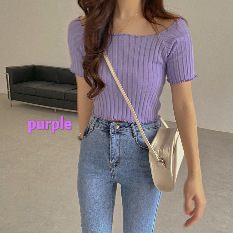 Baby Tee Short Sleeve Ribbed Knit Crop Top for Women Teengirl Square Neck Fitted Knitwear 90s Y2K Aesthetic Spring Summer Outfit. 