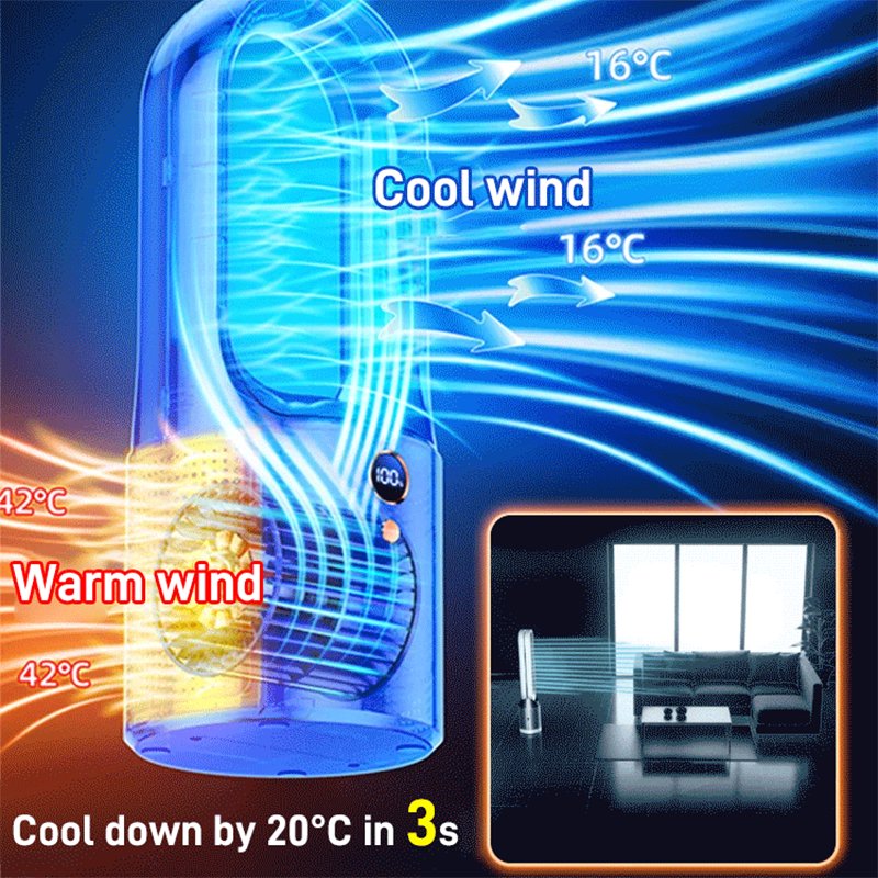 Silent air conditioning fan Portable Air cooler Fan LED Display Leafless Electric Fan 6h Timer USB charging Heater fan. 