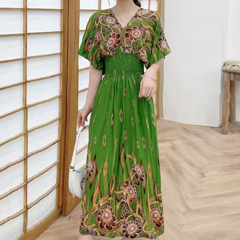 2025 Summer New Casual Elegant Retro Bohemian Style V-neck Elastic Waist Large Swing Printed Long Skirt Autumn Summer Dress. 