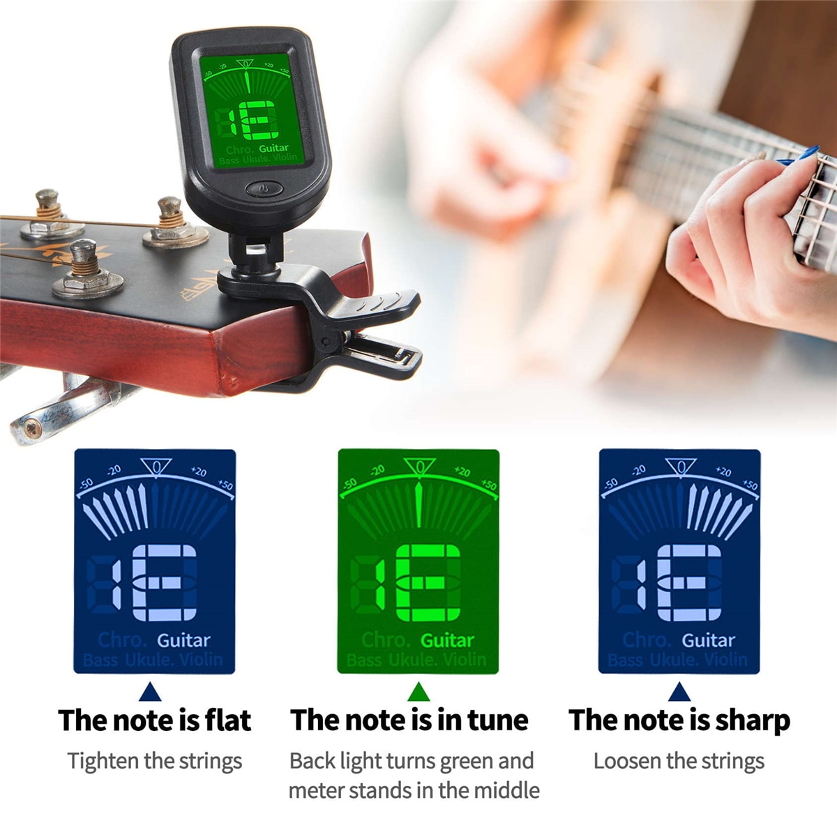 Guitar Tuner For All Instruments Clip on Electronic Tuner for Guitar Bass Ukulele Violin Mandolin Banjo. 