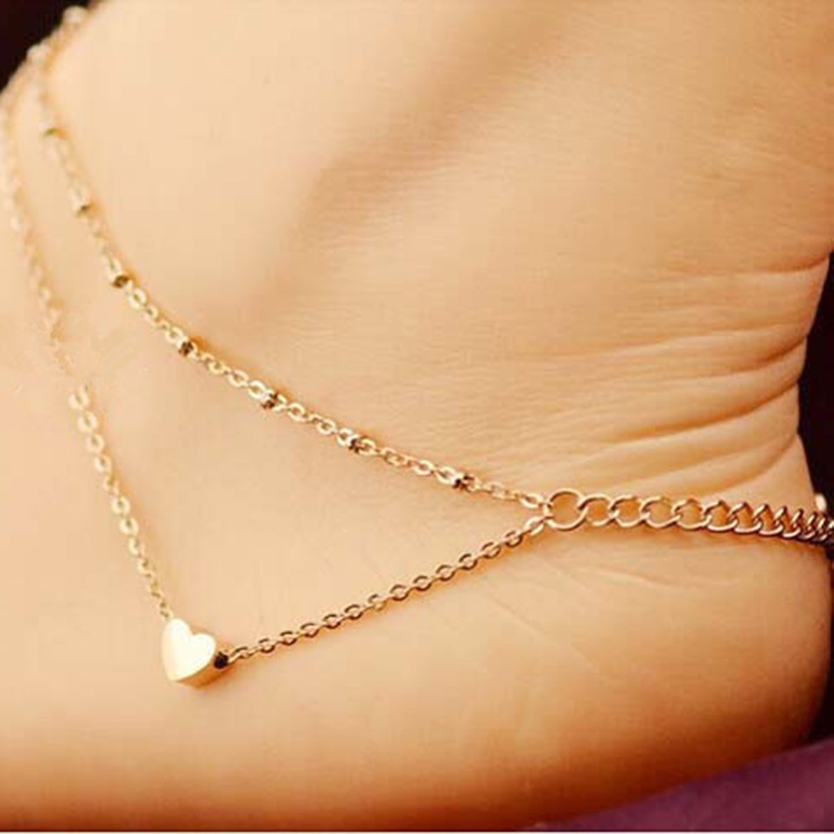 Double Heart Beach Anklet for Women Zinc Alloy Adjustable Fashion Jewelry 22cm Plus Extension