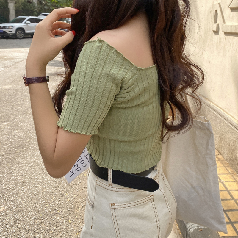 Baby Tee Short Sleeve Ribbed Knit Crop Top for Women Teengirl Square Neck Fitted Knitwear 90s Y2K Aesthetic Spring Summer Outfit. 
