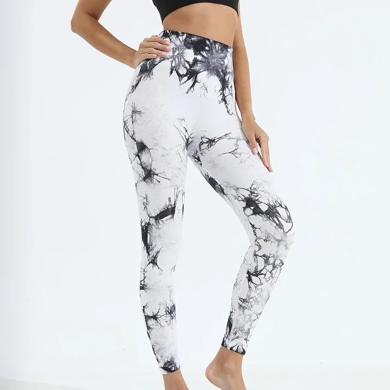 Gym Sports Workout Leggings Push Up Yoga Pants Women Fitness Leggings High Waist Seamless Pants Fashion Tie Dye Knit Slim Pants. 