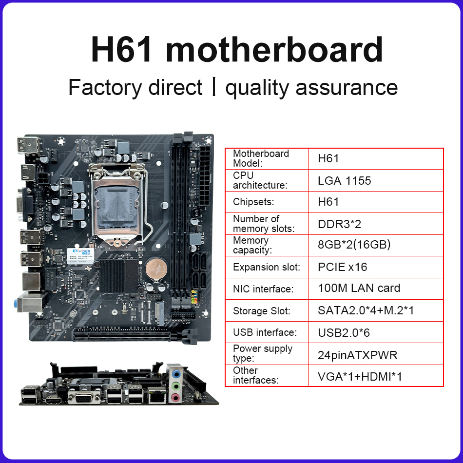 ENVINDA H61 Motherboard LGA 1155 Kit Compatible With Intel Core CPU 2nd And 3rd Generations Supports M.2 NVME SDD. 