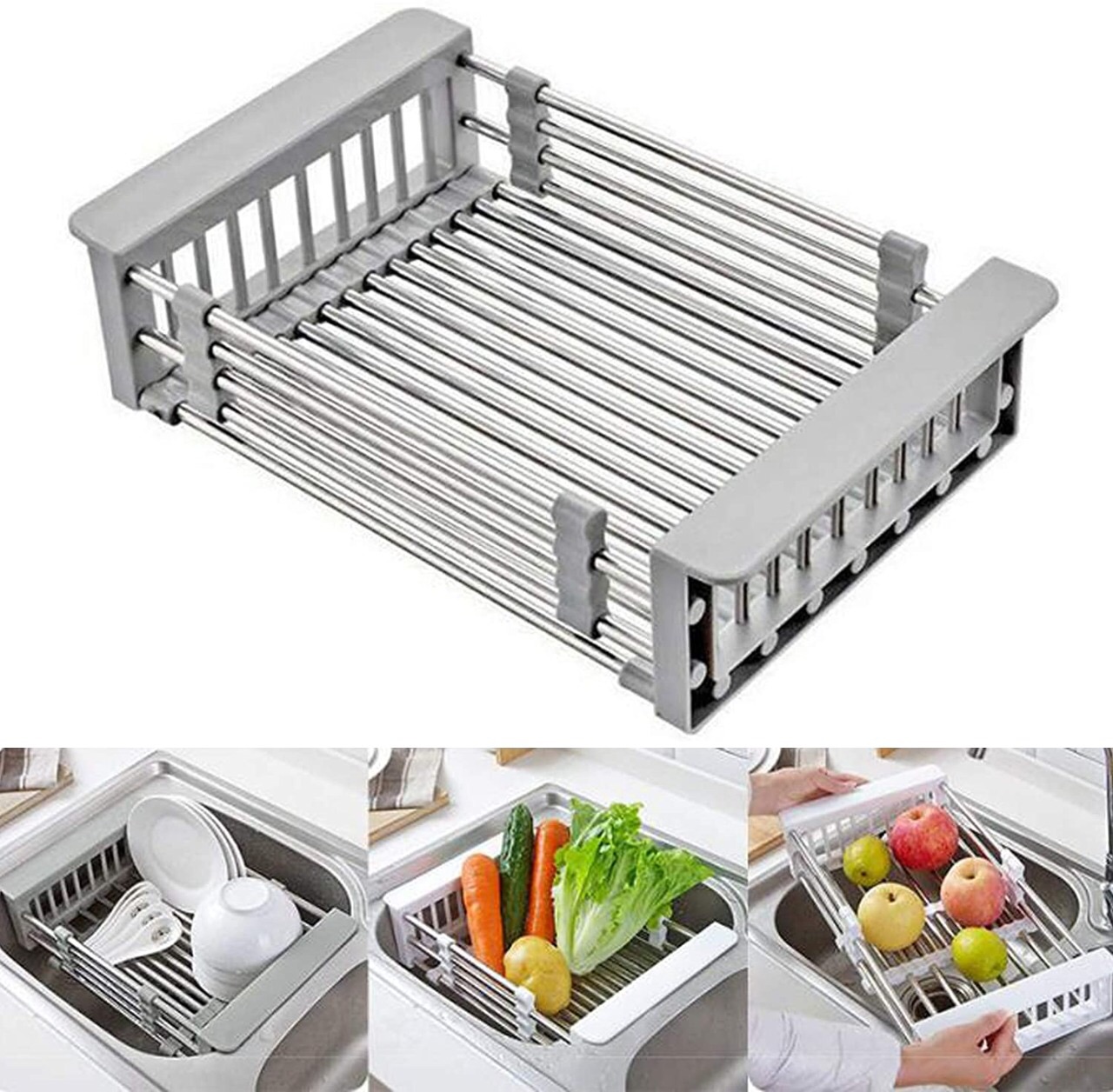 Kitchen Refrigerator Tray Retractable Stainless Steel Sink Strainer Drain Vegetable Fruit Drainer Basket Rack Storage
