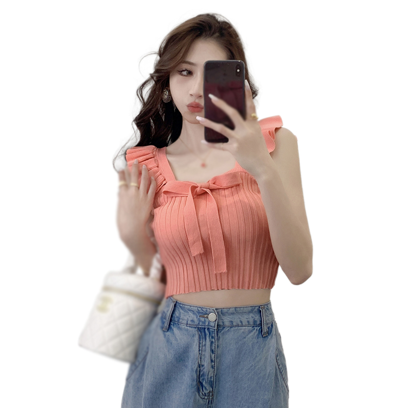 Korean Version Square Neck Bow Tie Slim Fitting Vest With Fashionable Exposed Navel And Sweet Versatile Knitted Sleeveless Vest. 