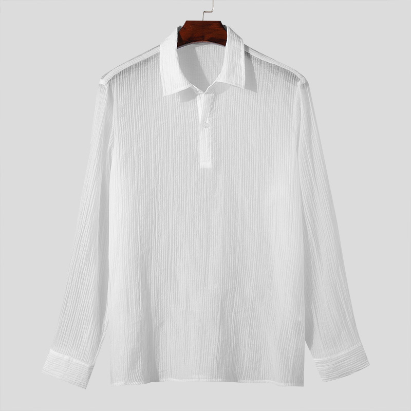 INCERUN Tops 2024 Korean Style New Men V-neck Texture Lapel Collar Shirts Fashionable Male Solid Color Long Sleeved Blouse S-5XL. 